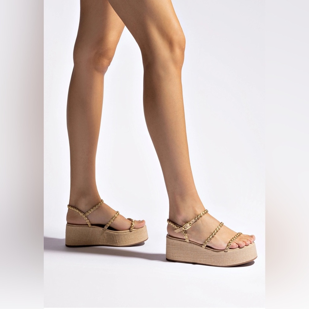 NWT Gio Milanina Flatform Sandal In Beige Raffia - Picture 2 of 15